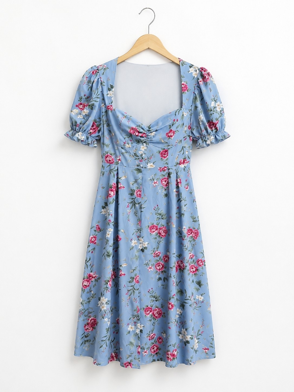 Blue Floral Square-Neck Midi Dress